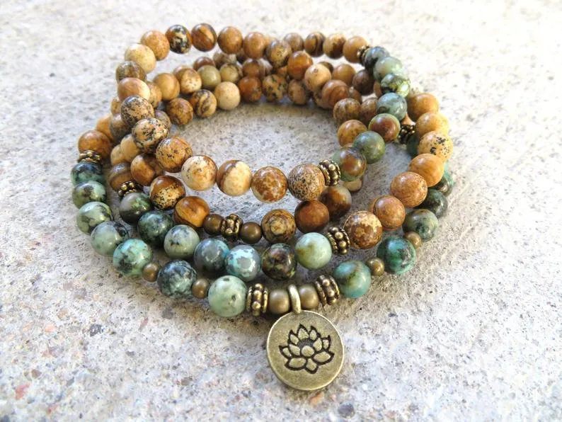 108 Bead Mala in African Turquoise, Jasper, Lotus Mala Necklace