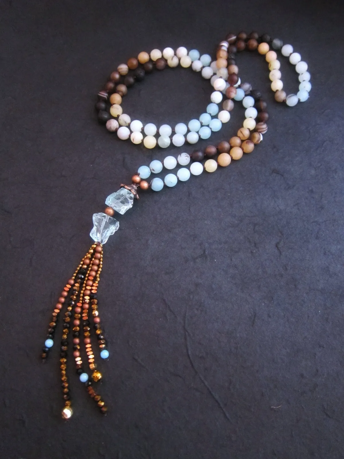 108 Beaded Mala in Matte Amazonite, Brown Line Agate, Blue Quartz Tassel Necklace