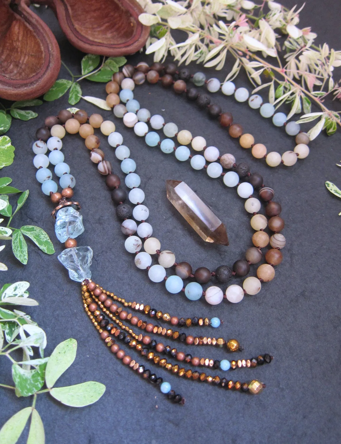 108 Beaded Mala in Matte Amazonite, Brown Line Agate, Blue Quartz Tassel Necklace