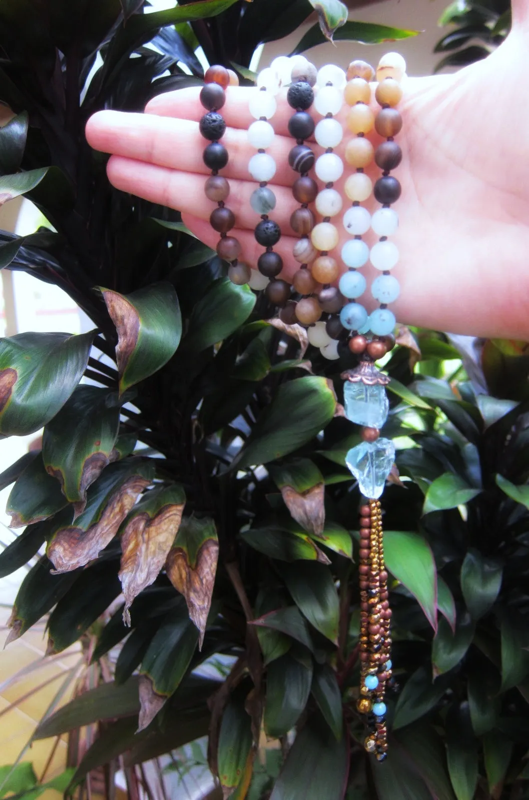 108 Beaded Mala in Matte Amazonite, Brown Line Agate, Blue Quartz Tassel Necklace