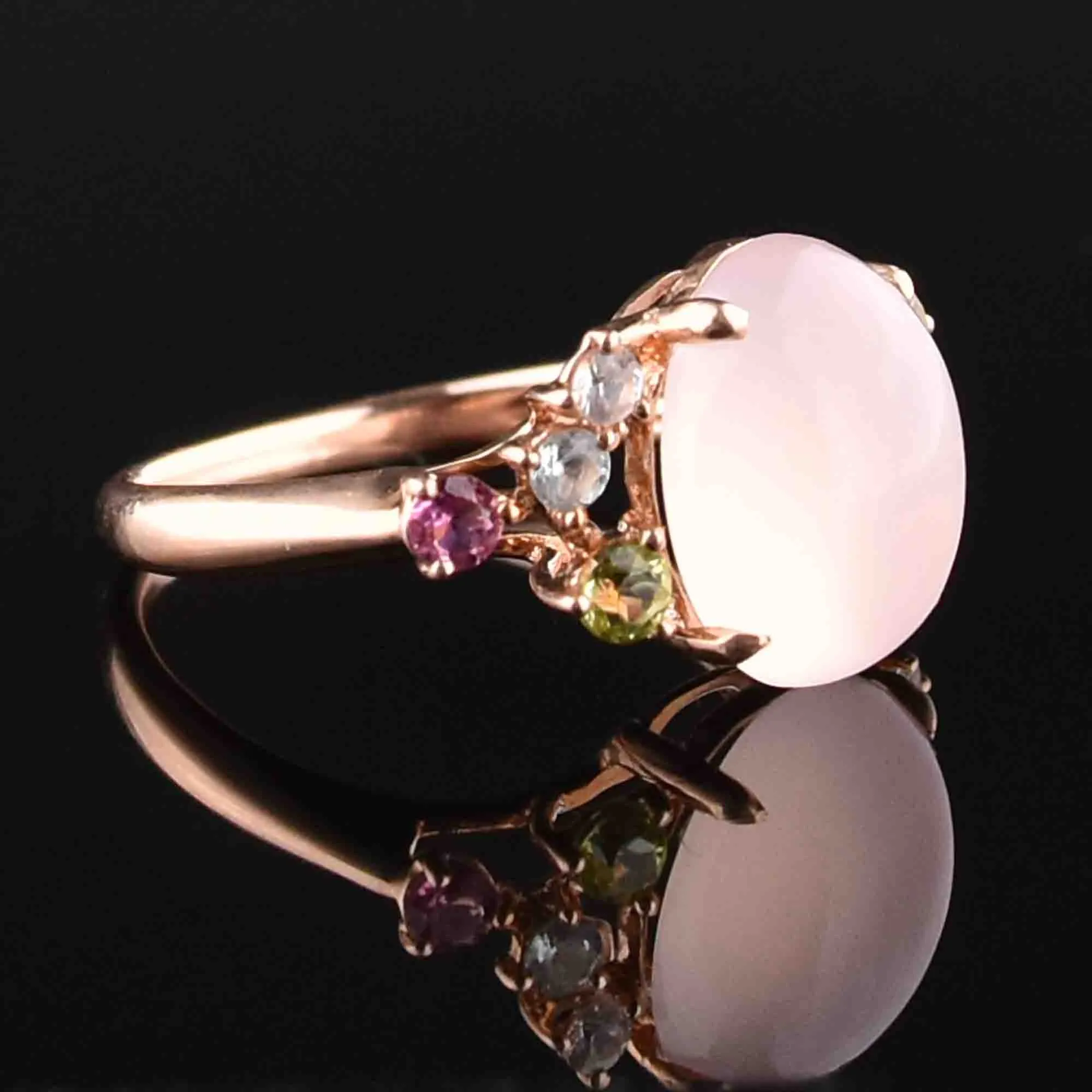 14K Rose Gold Pink Quartz Cabochon Ring, Sz 6.75