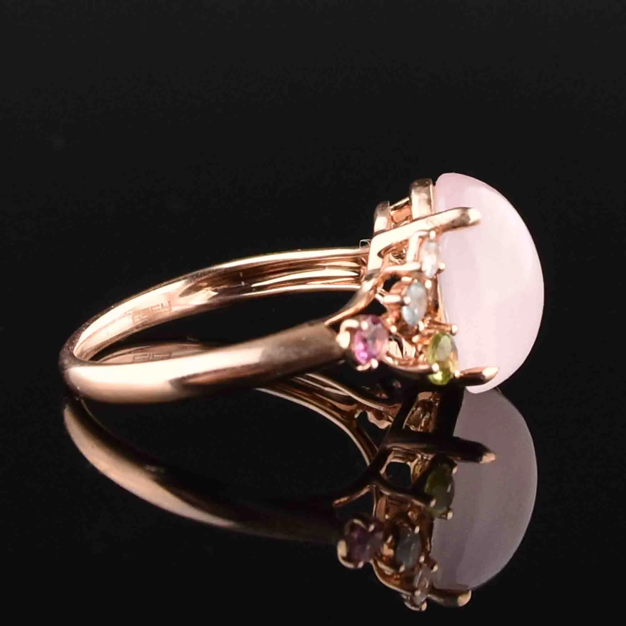 14K Rose Gold Pink Quartz Cabochon Ring, Sz 6.75