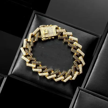 15mm Gold Black Rhinestone Cuban Link Bracelet