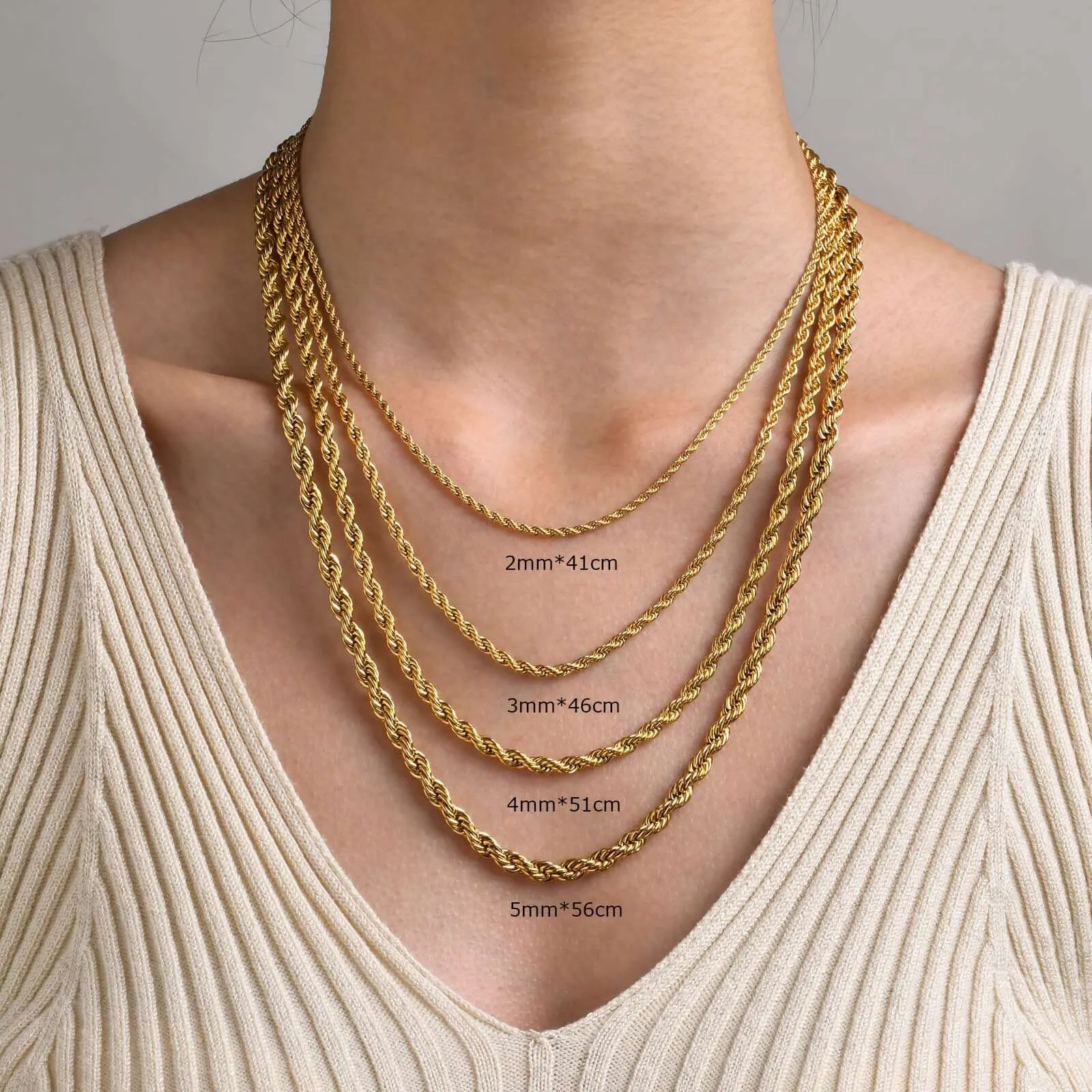 18K Gold Plated Multilayer 2/3/4/5MM Width 40/45/50/55CM Length Chain Necklace