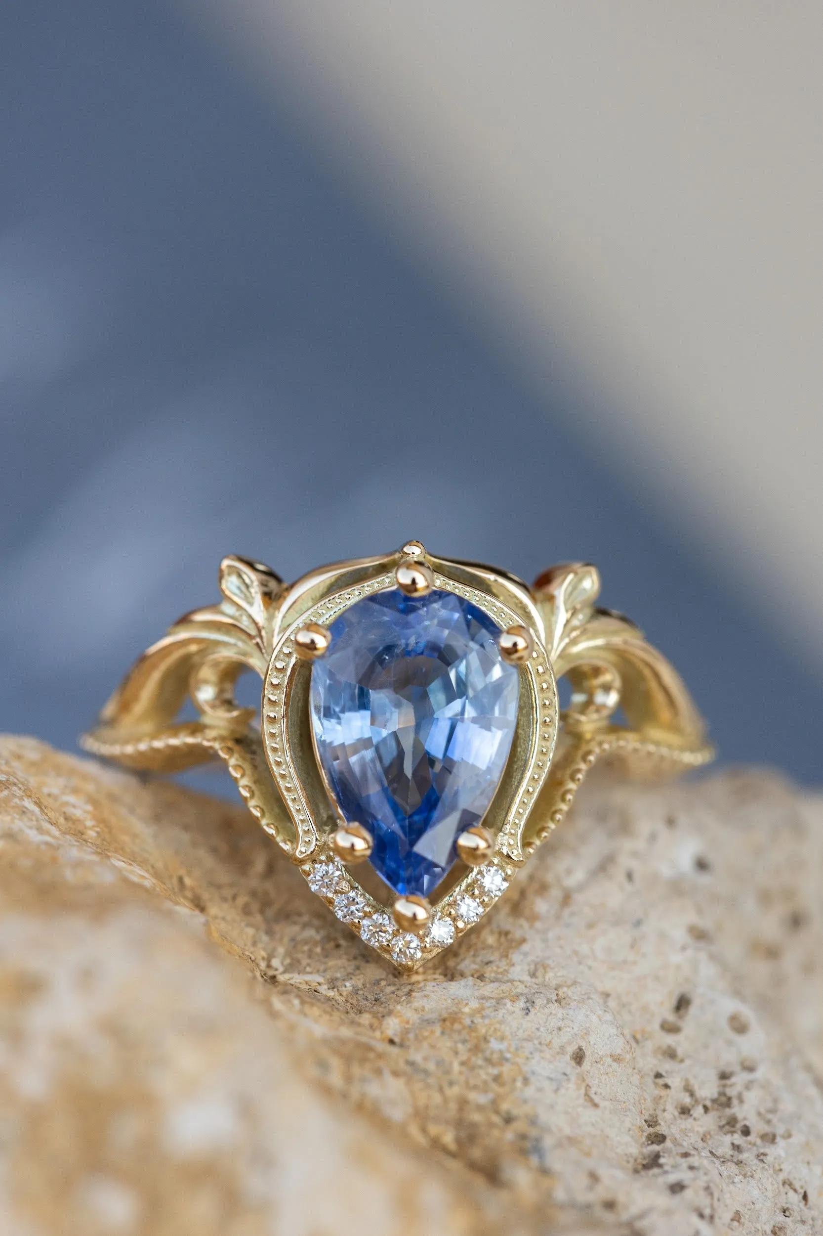 2 carat light blue sapphire engagement ring, vintage inspired gold statement ring / Lida