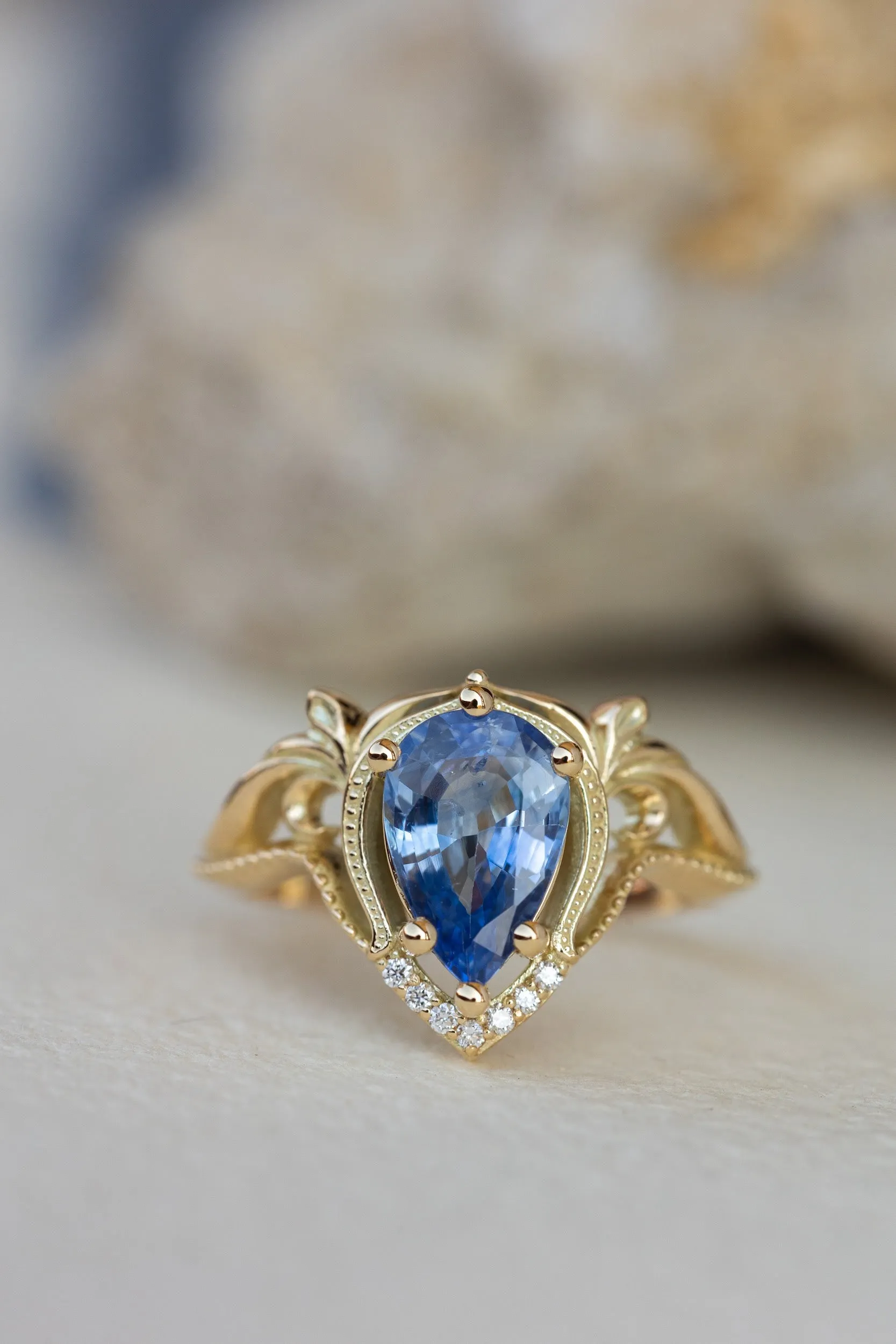 2 carat light blue sapphire engagement ring, vintage inspired gold statement ring / Lida