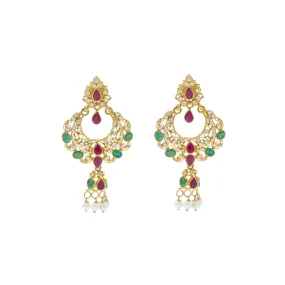 22K Yellow Gold Hoop Earrings W/Rubies,Emeralds,CZ and pearls with Dreamcatcher Design