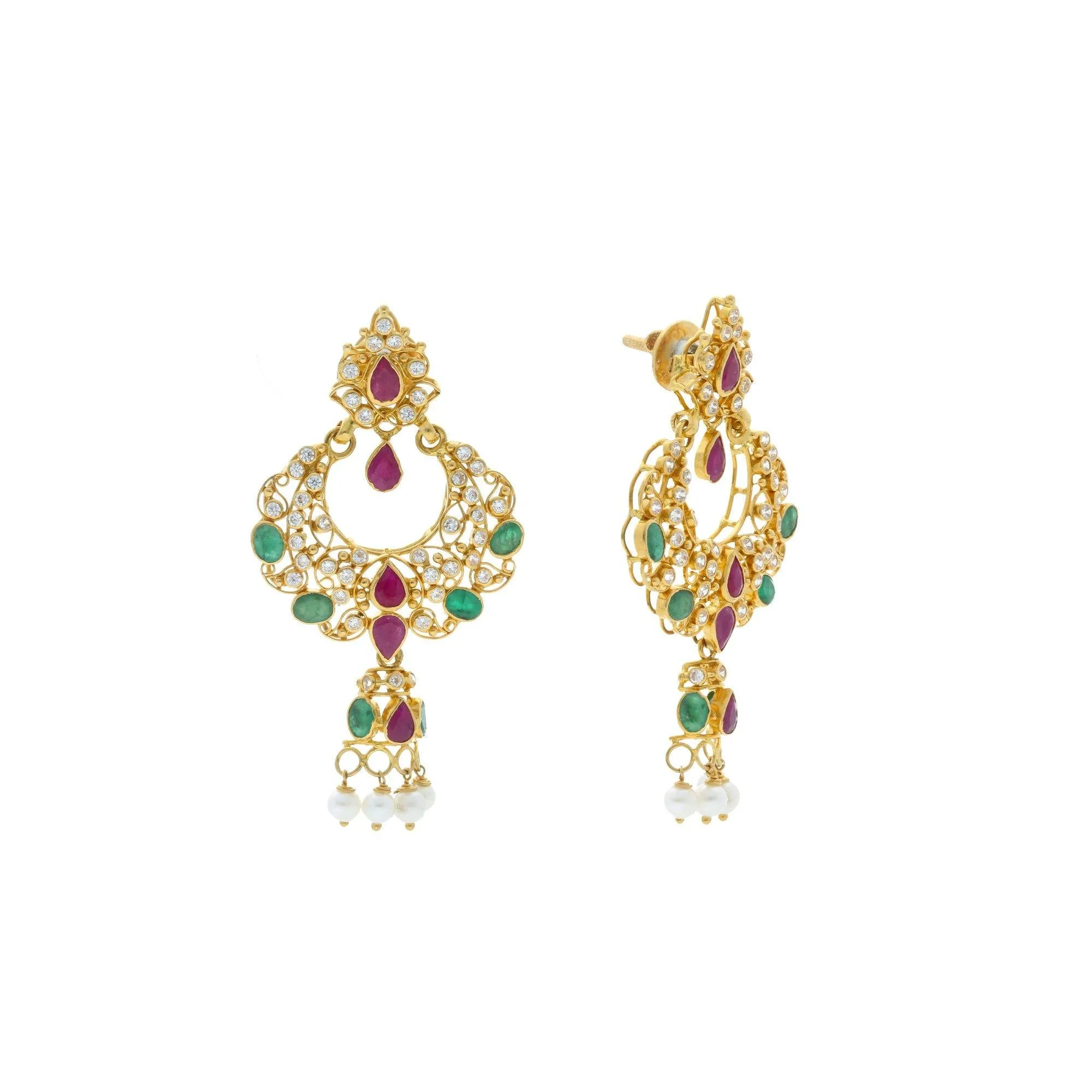 22K Yellow Gold Hoop Earrings W/Rubies,Emeralds,CZ and pearls with Dreamcatcher Design