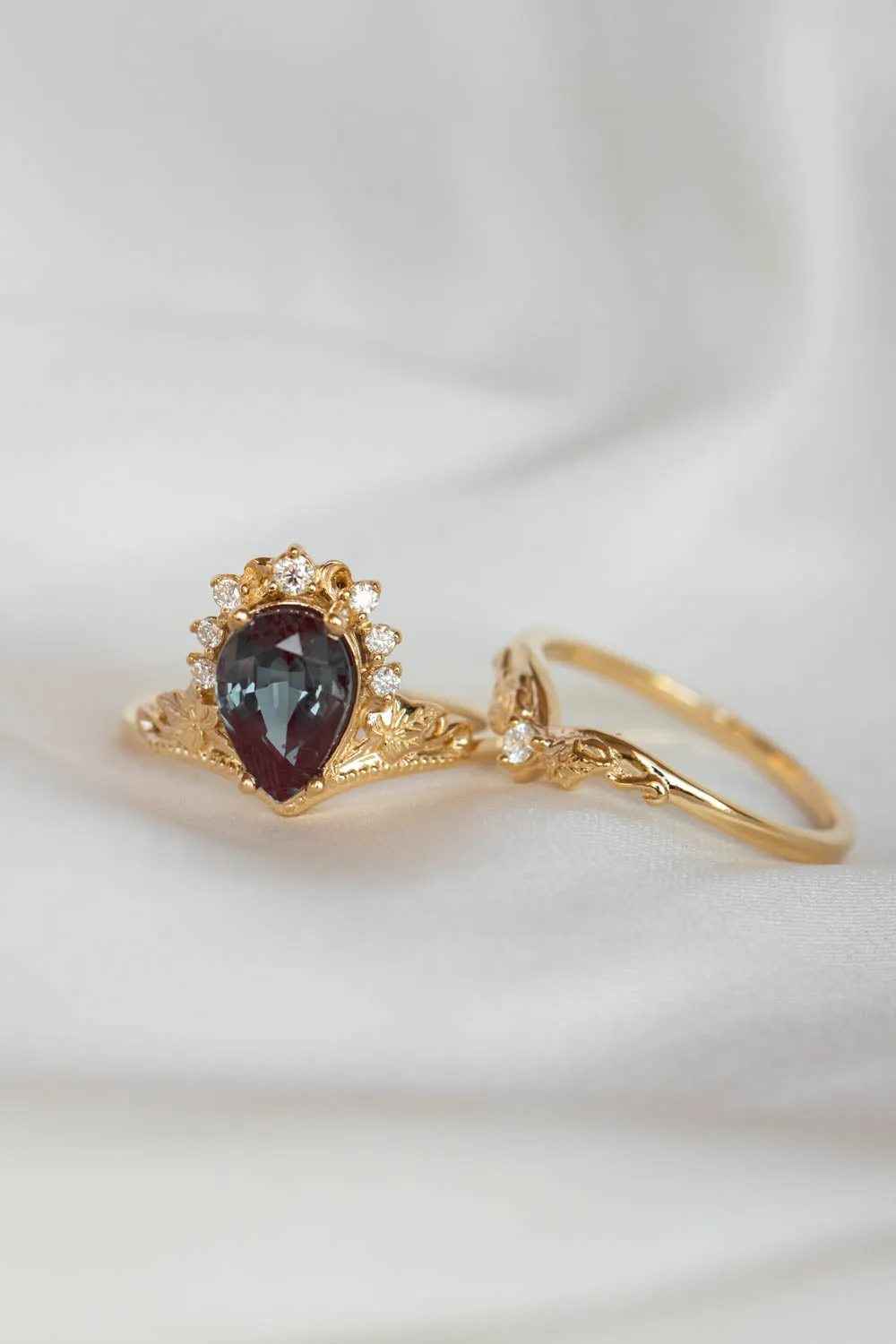 Alexandrite and diamonds engagement ring, big pear gemstone gold ring / Ariadne