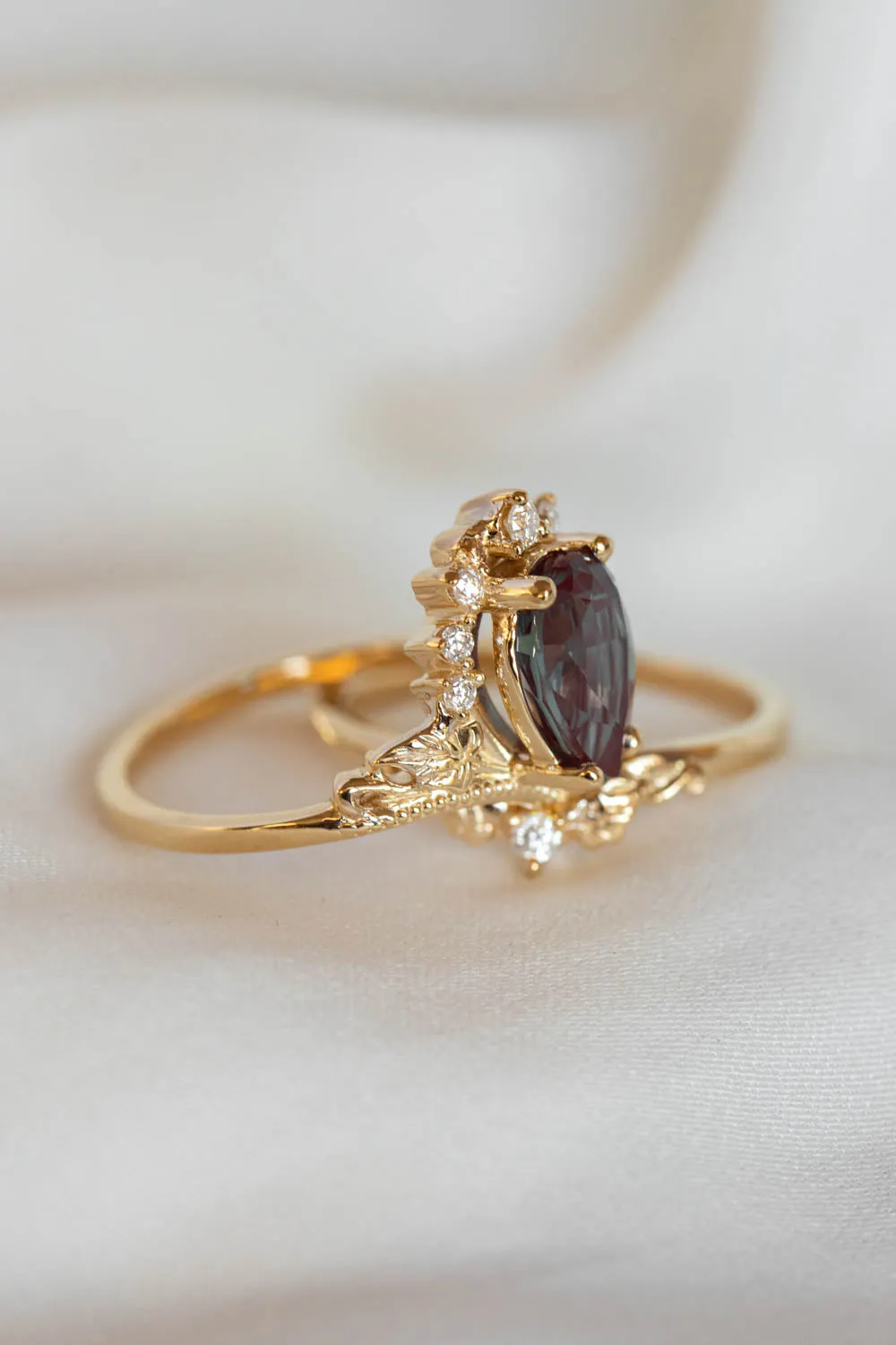 Alexandrite and diamonds engagement ring, big pear gemstone gold ring / Ariadne