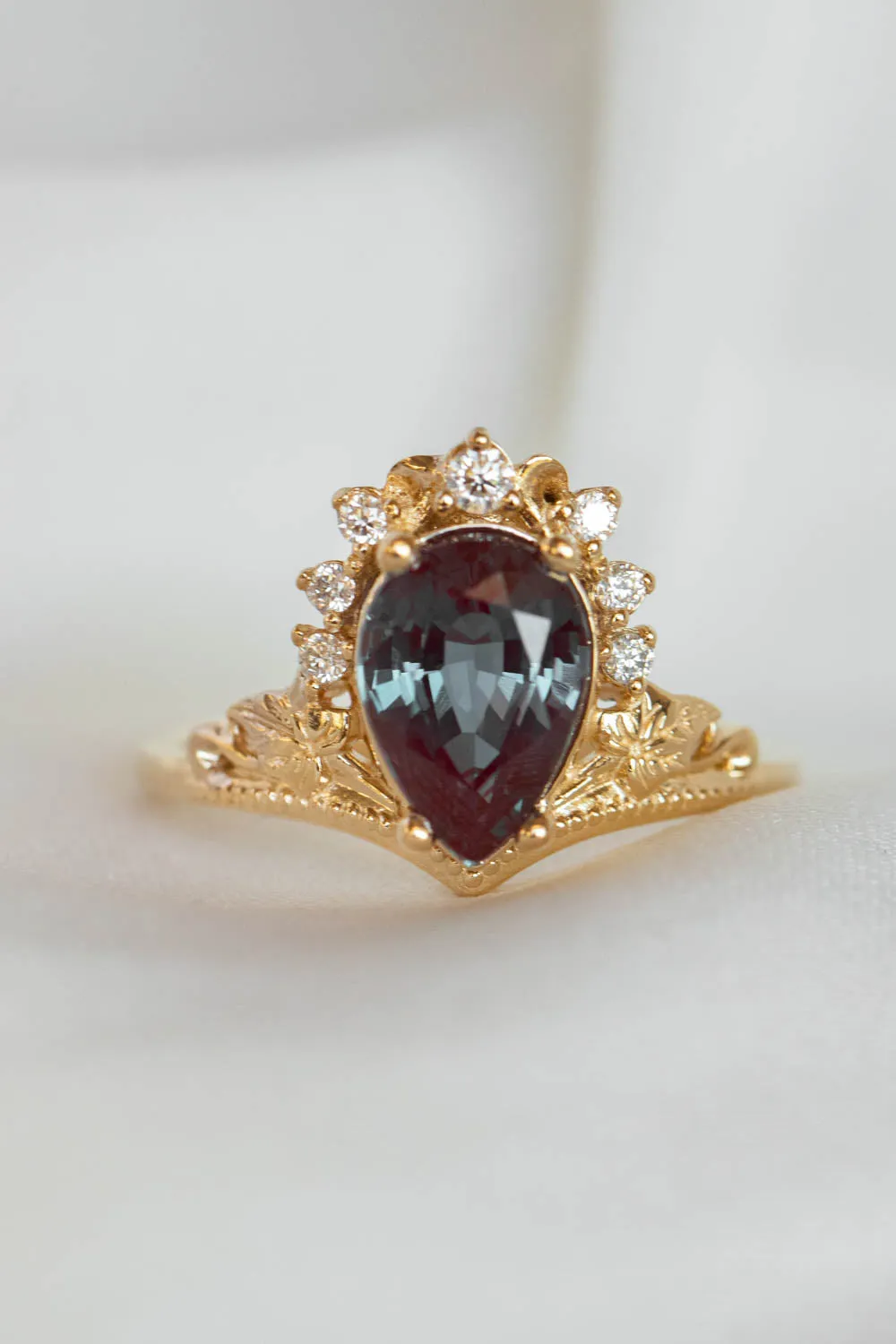 Alexandrite and diamonds engagement ring, big pear gemstone gold ring / Ariadne