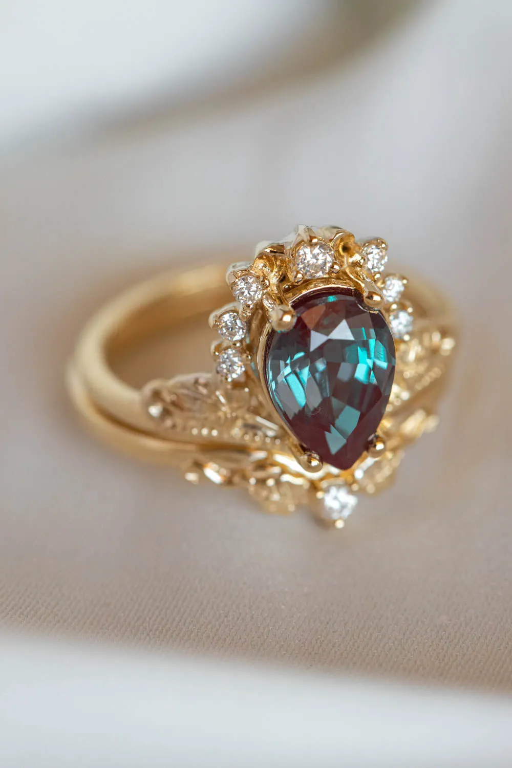 Alexandrite and diamonds engagement ring, big pear gemstone gold ring / Ariadne