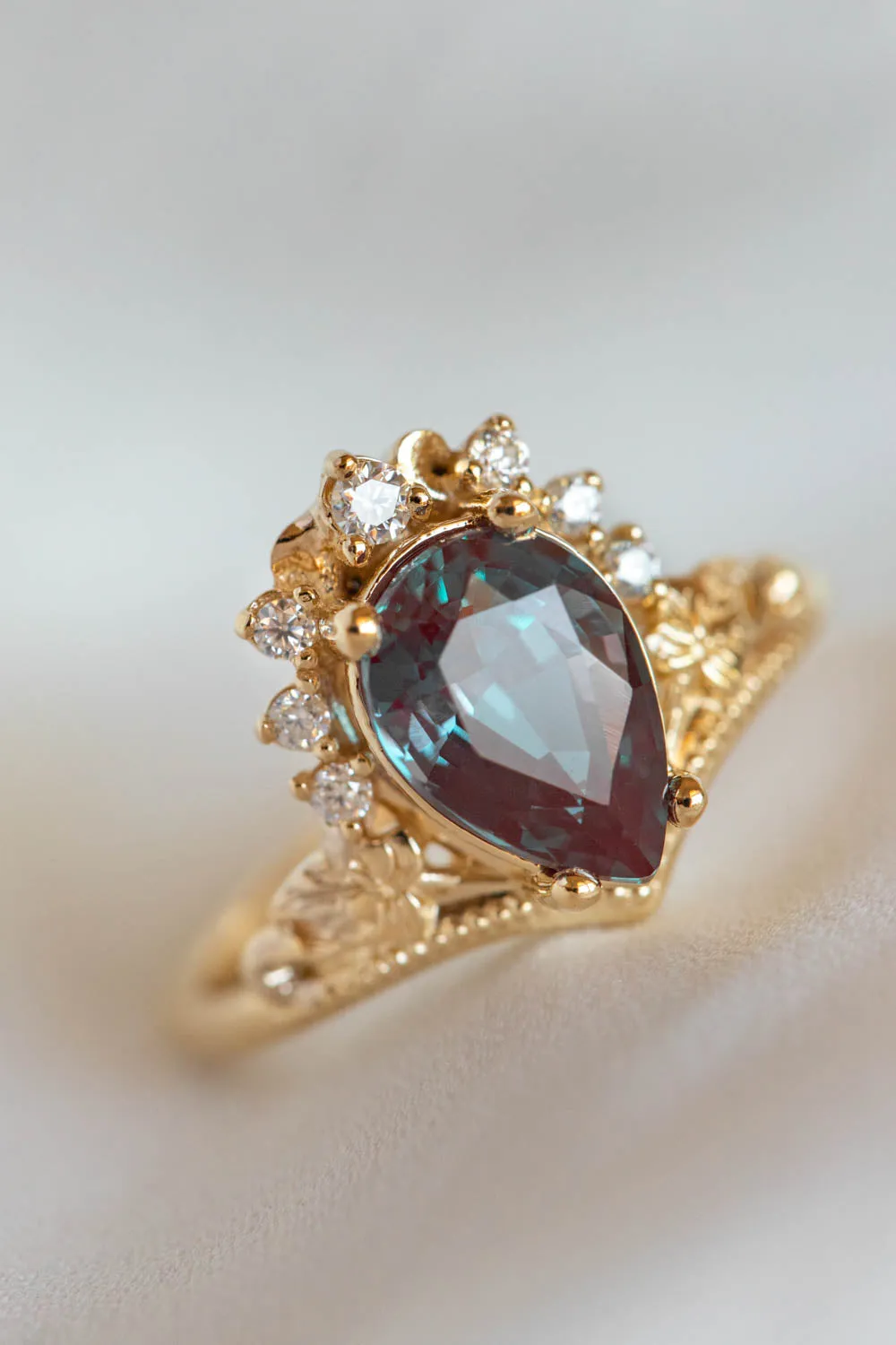 Alexandrite and diamonds engagement ring, big pear gemstone gold ring / Ariadne