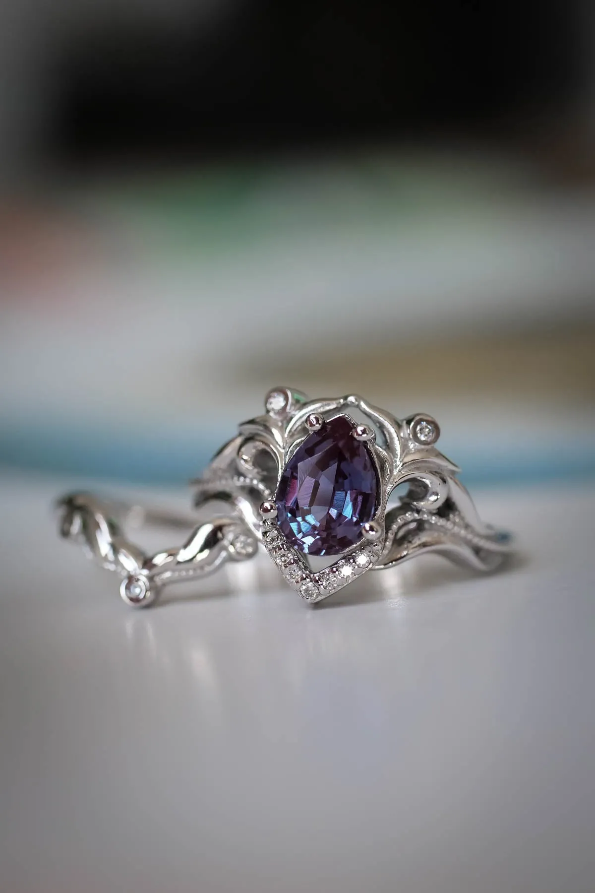 Alexandrite engagement ring, diamond wedding band set / Lida small