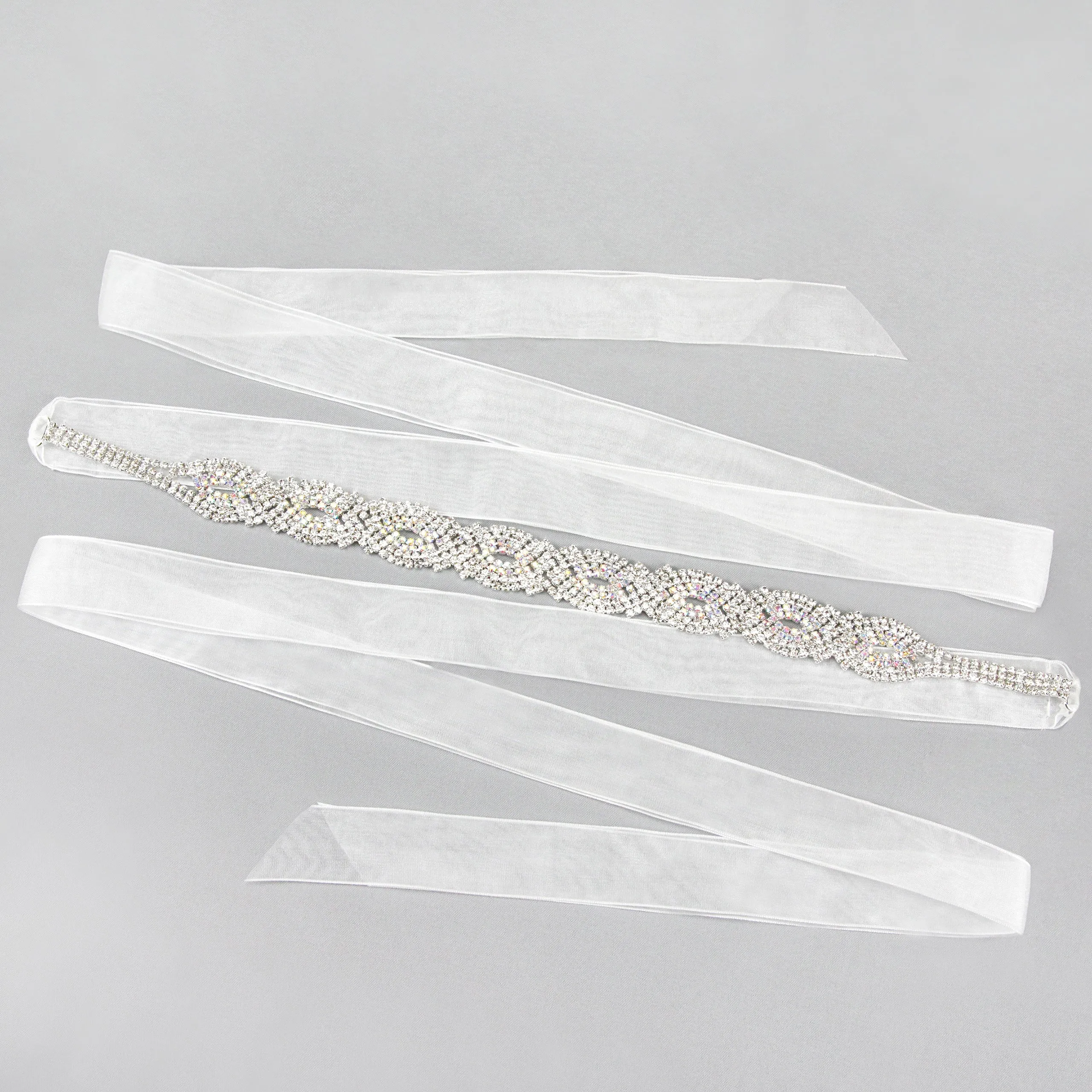 Amara Infinity Rhinestone Ribbon Bridal Sash Belt - Silver Iridescent