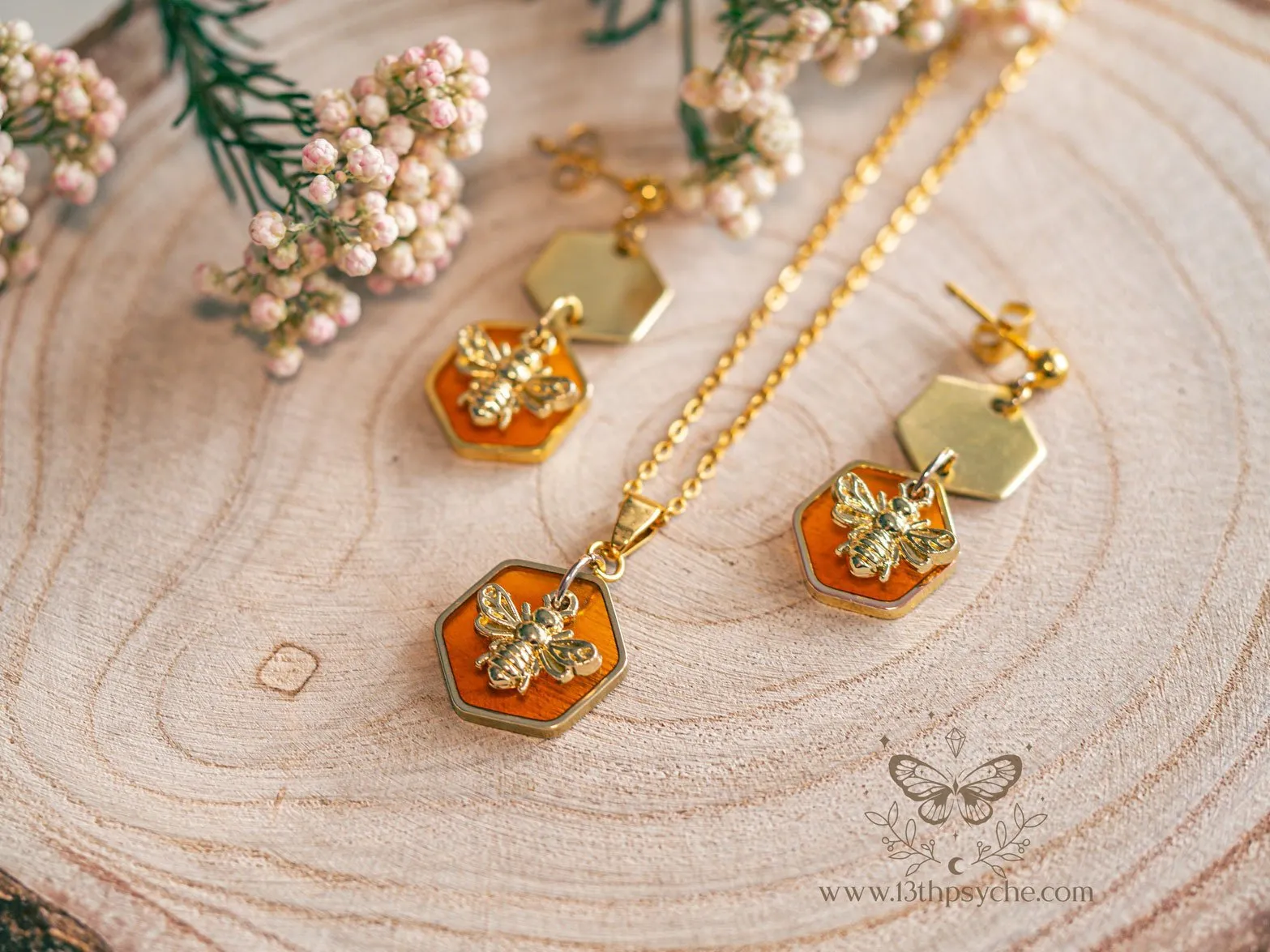 Amber hexagon and bee earrings