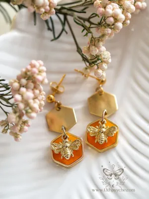 Amber hexagon and bee earrings