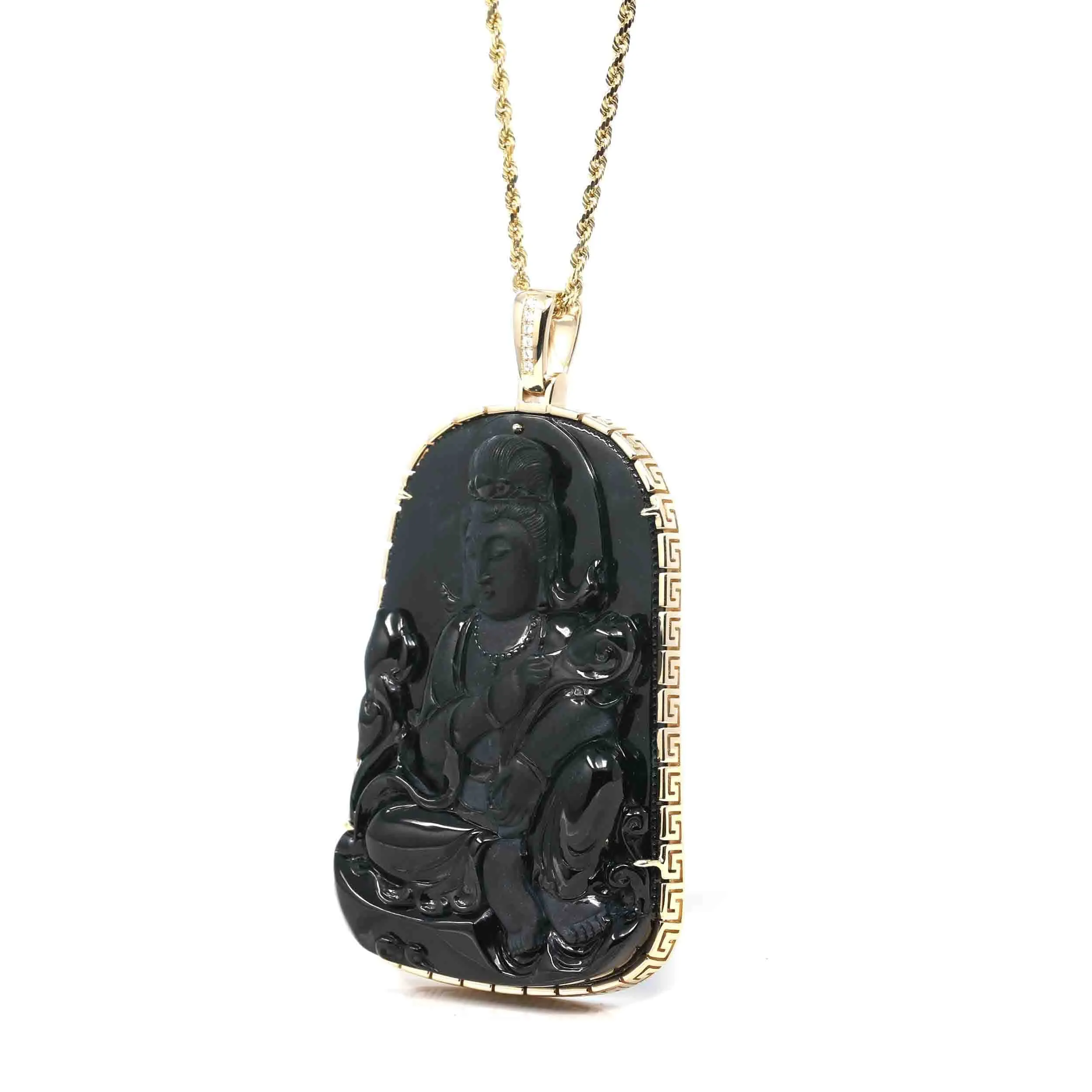 Baikalla 14k Yellow Gold "Goddess of Compassion" Genuine Black Burmese Jadeite Jade Guanyin Necklace With Gold Bail