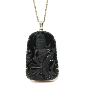 Baikalla 14k Yellow Gold "Goddess of Compassion" Genuine Black Burmese Jadeite Jade Guanyin Necklace With Gold Bail