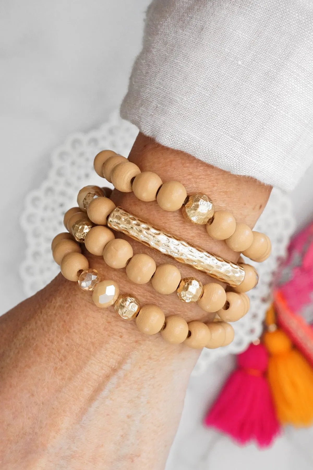 Beaded bracelets set in Wooden Neutral Beige and Gold tube