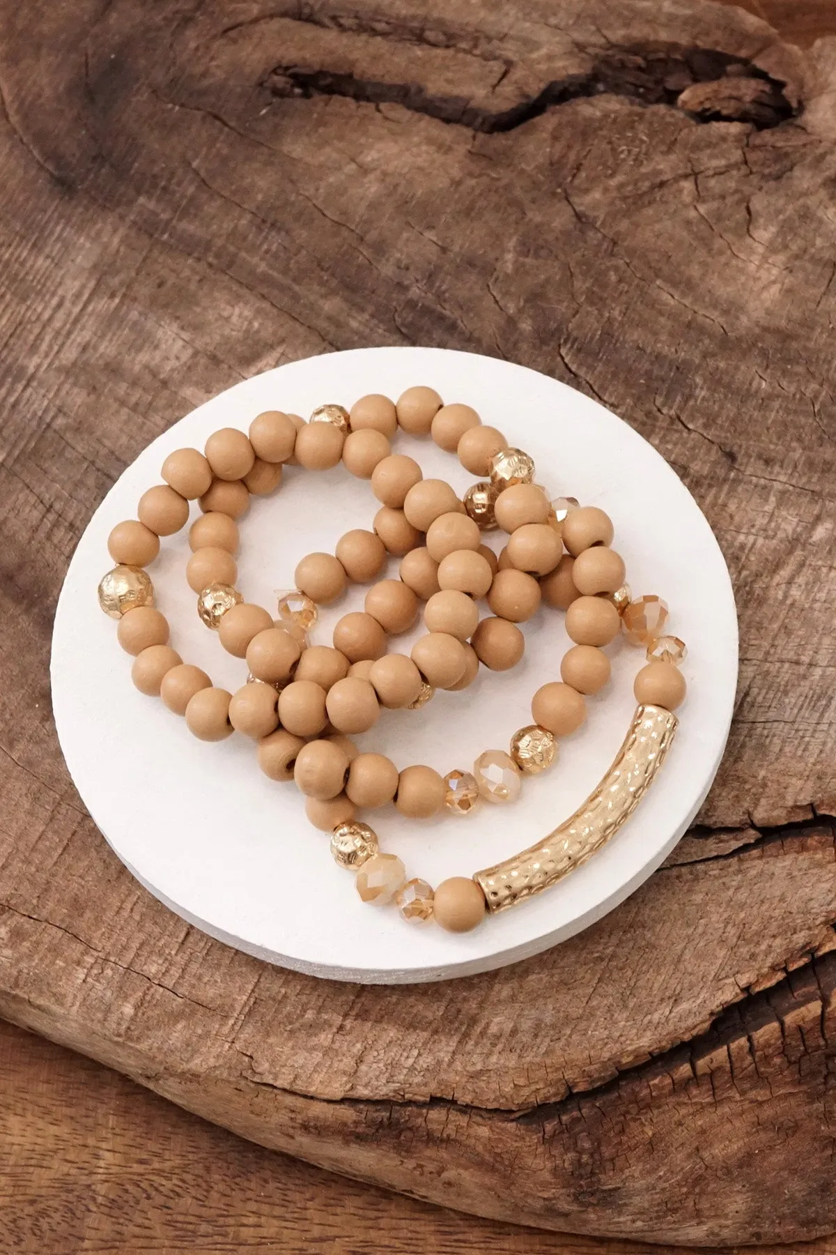 Beaded bracelets set in Wooden Neutral Beige and Gold tube