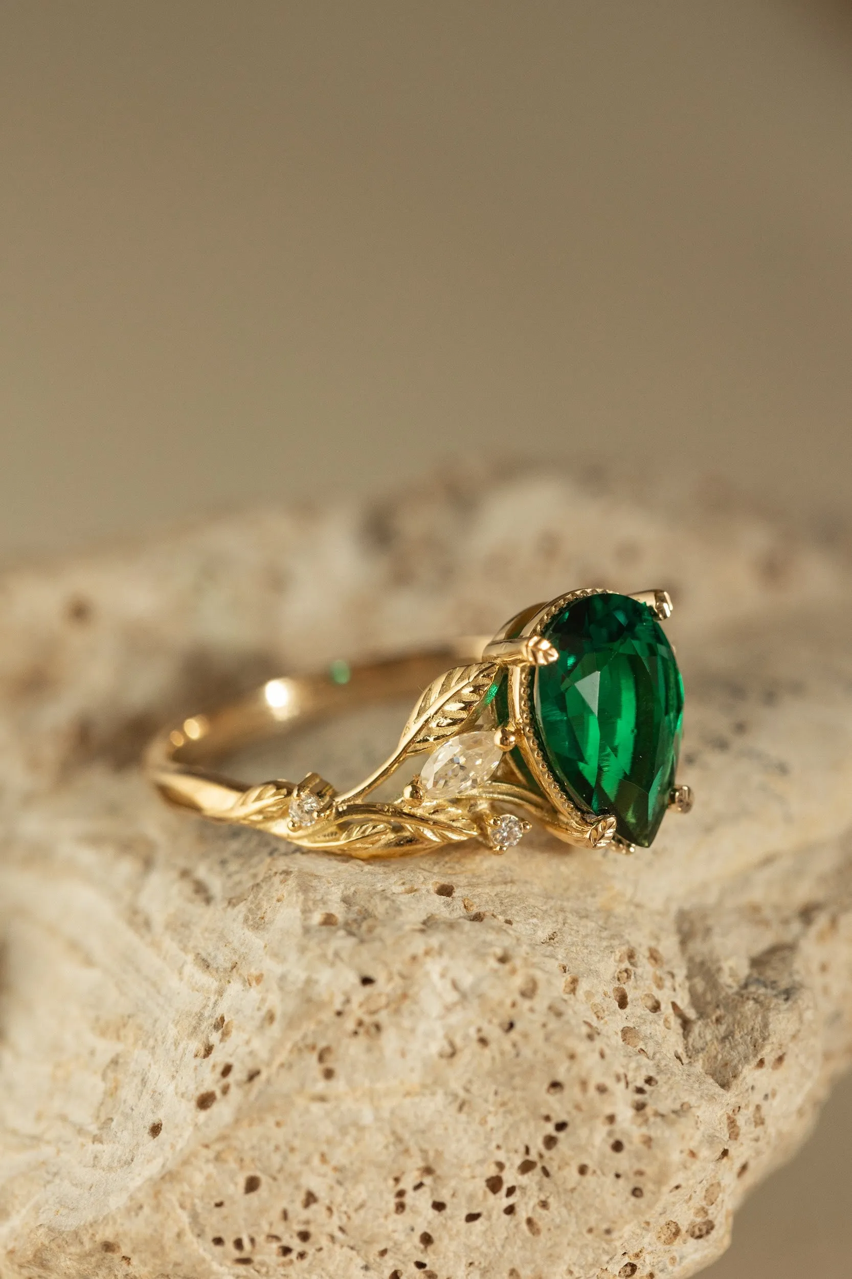 Big lab emerald twig engagement ring  leaf ring with  diamonds  / Patricia