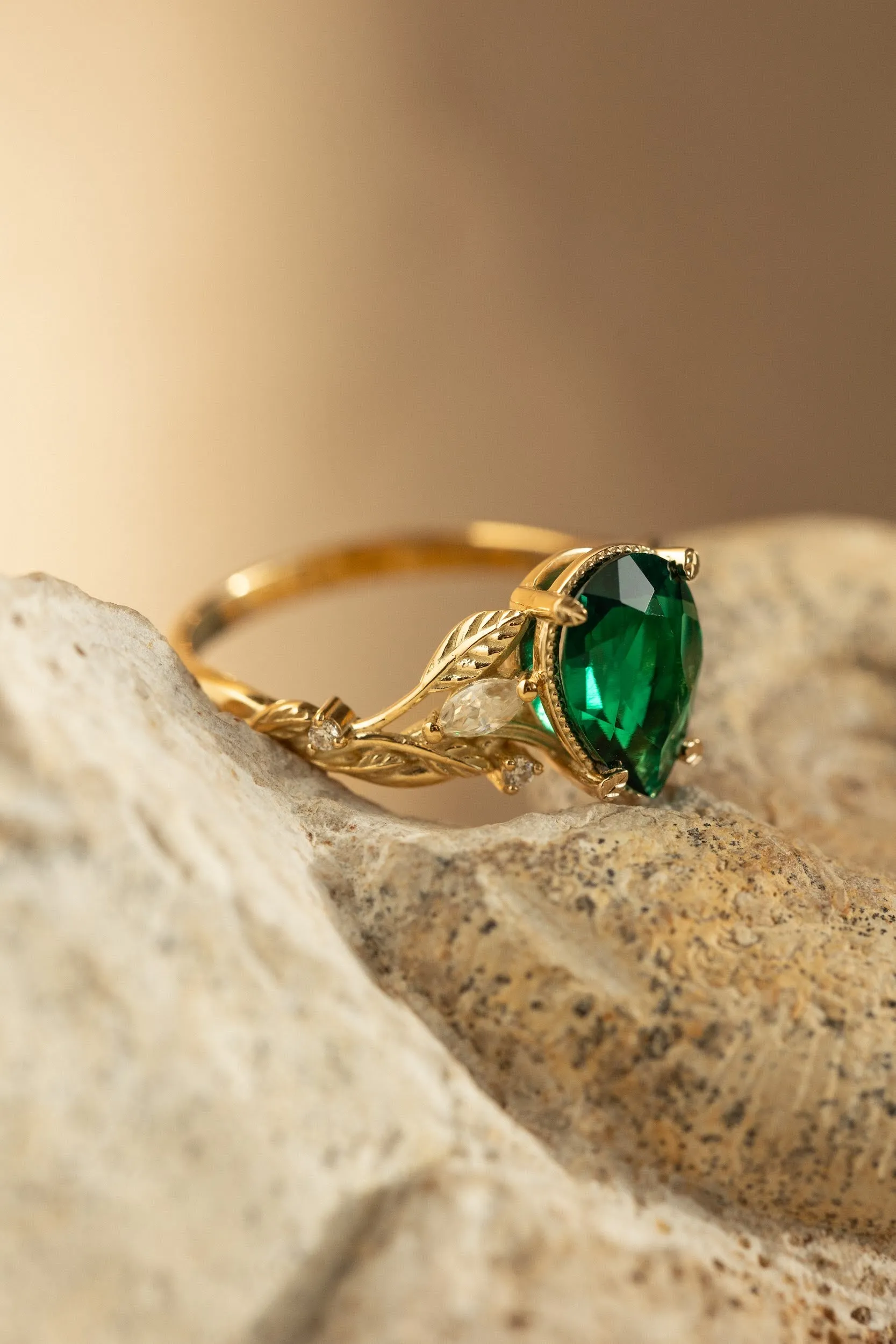 Big lab emerald twig engagement ring  leaf ring with  diamonds  / Patricia