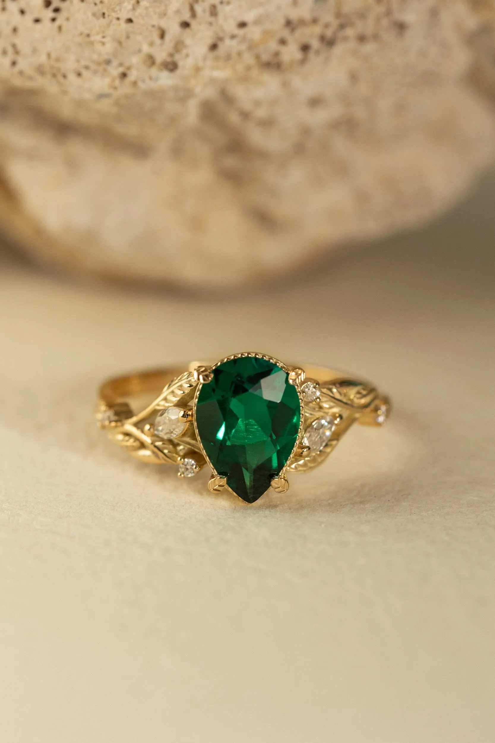 Big lab emerald twig engagement ring  leaf ring with  diamonds  / Patricia