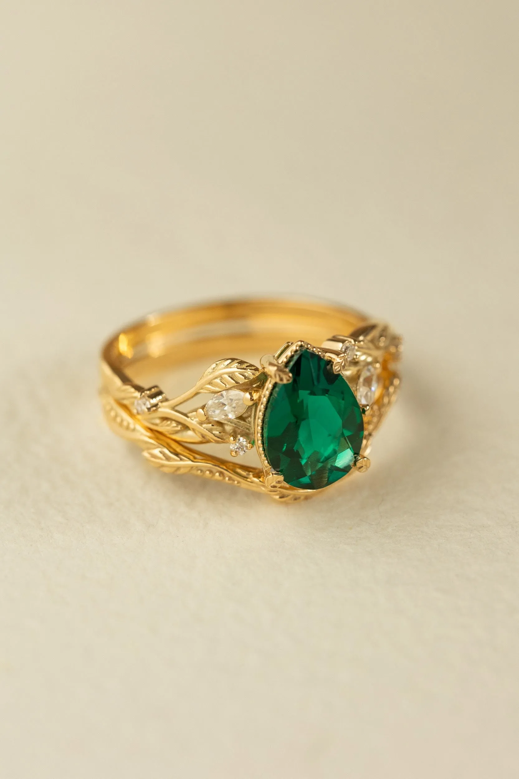 Big lab emerald twig engagement ring  leaf ring with  diamonds  / Patricia