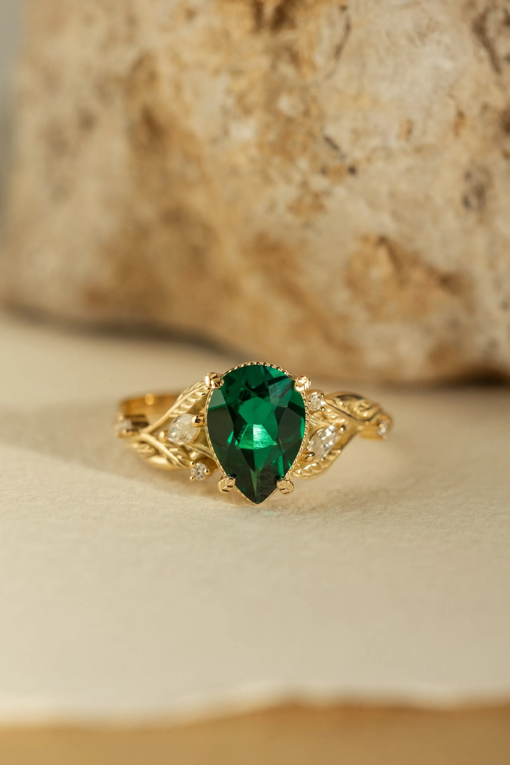 Big lab emerald twig engagement ring  leaf ring with  diamonds  / Patricia