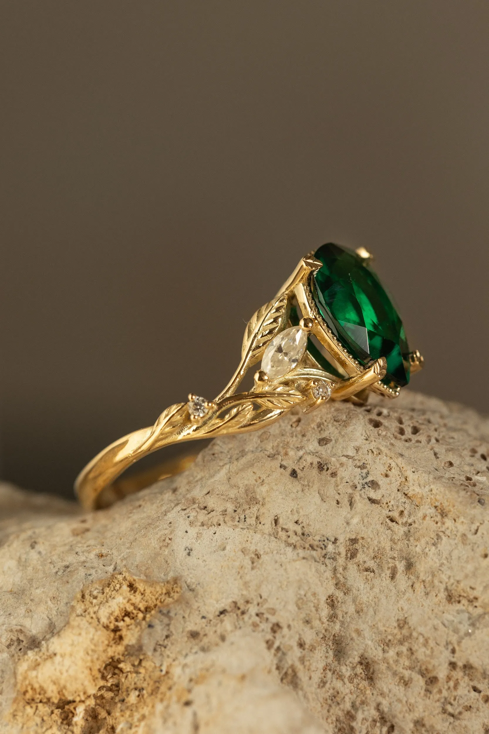 Big lab emerald twig engagement ring  leaf ring with  diamonds  / Patricia