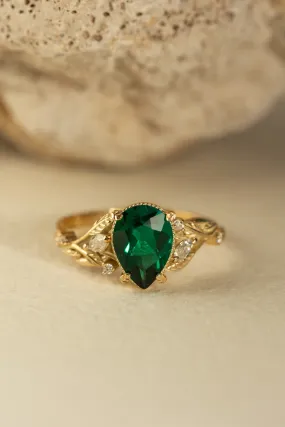 Big lab emerald twig engagement ring  leaf ring with  diamonds  / Patricia