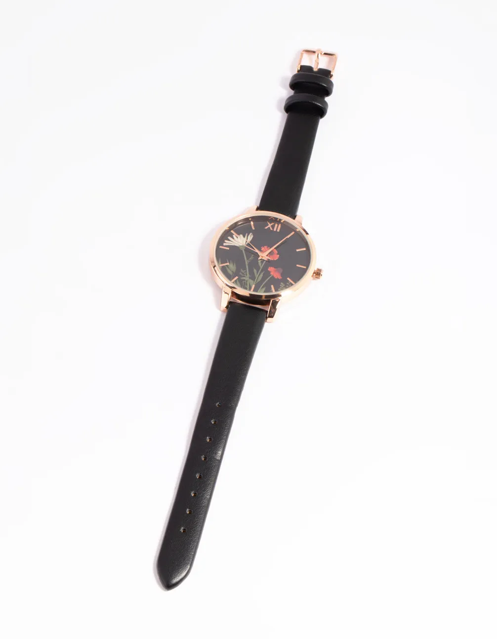 Black Floral PU-Strap Watch