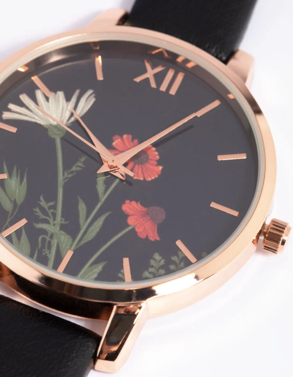 Black Floral PU-Strap Watch