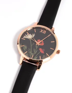 Black Floral PU-Strap Watch