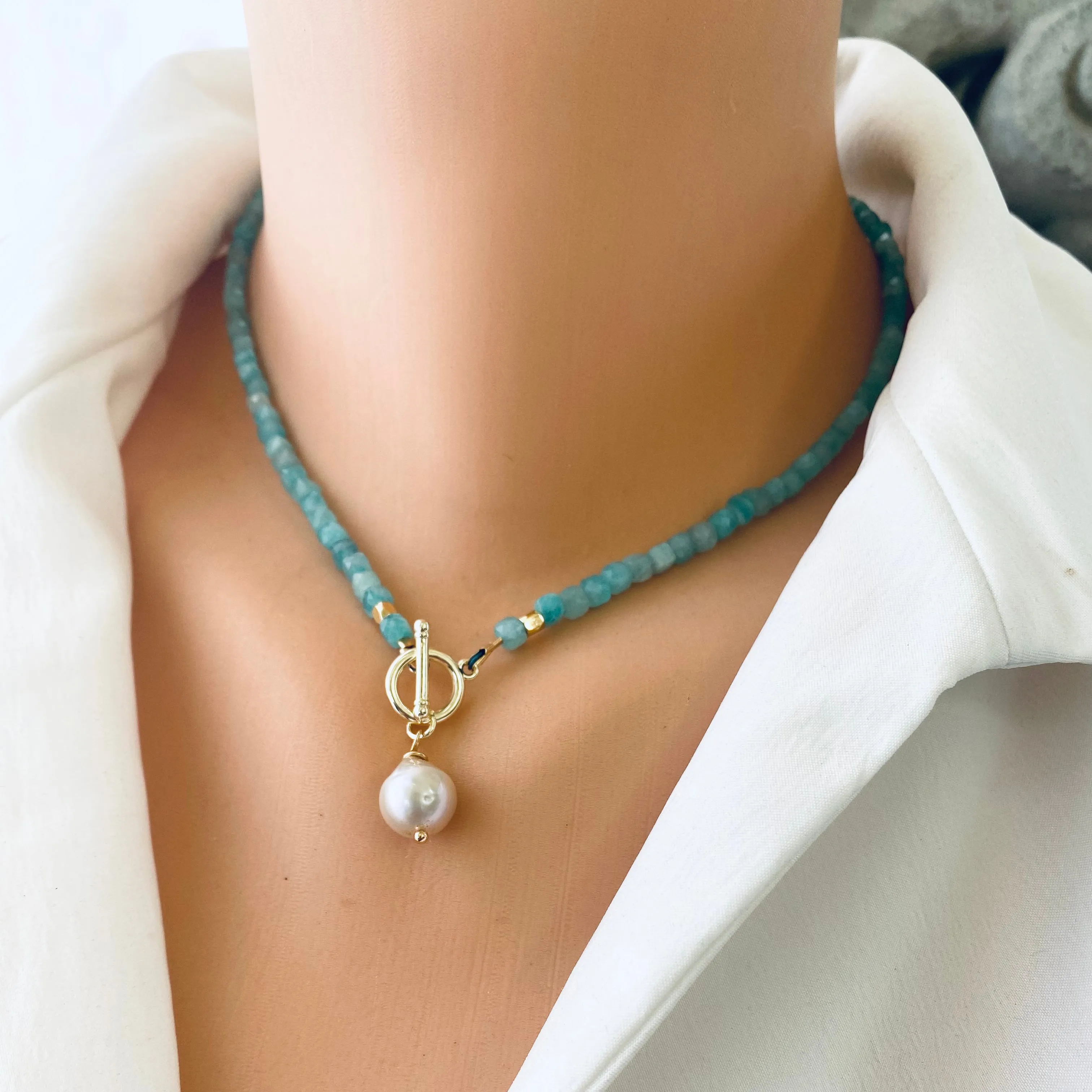 Blue Amazonite Toggle Necklace with Baroque Pearl Pendant, Gold Plated,  16.5in