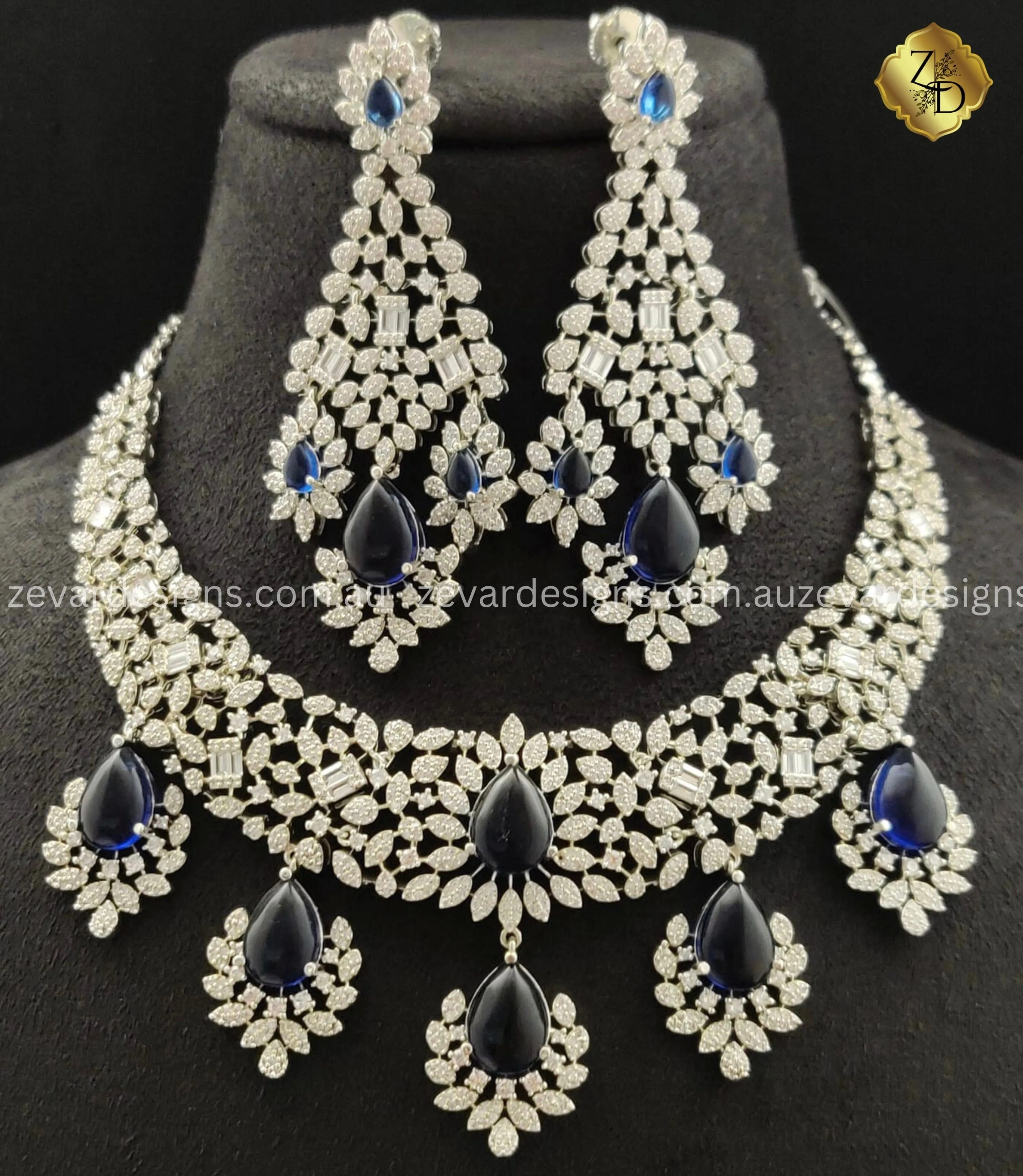 Bridal AD/Zircon Necklace Set - Sapphire Blue