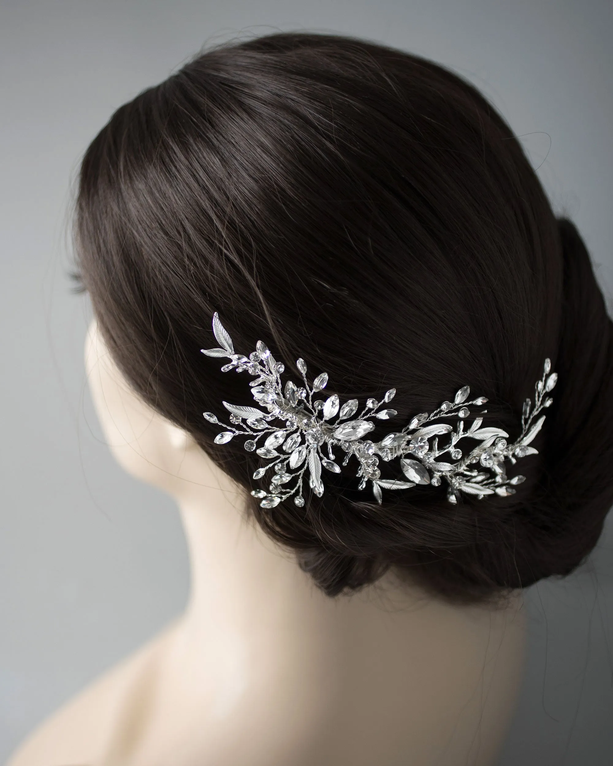 Bridal Hair Clip of Silver Narrow Leaves and Crystals