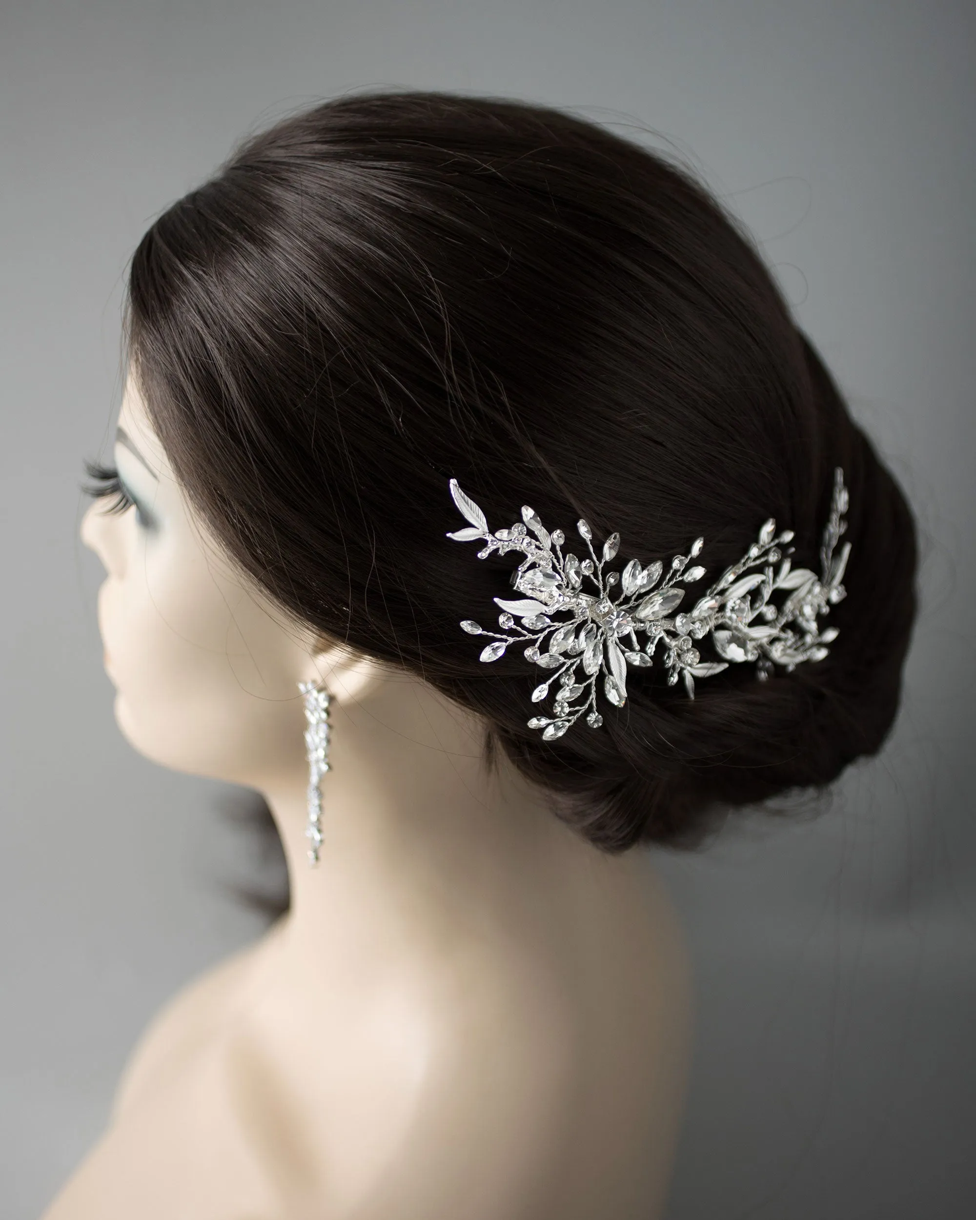 Bridal Hair Clip of Silver Narrow Leaves and Crystals