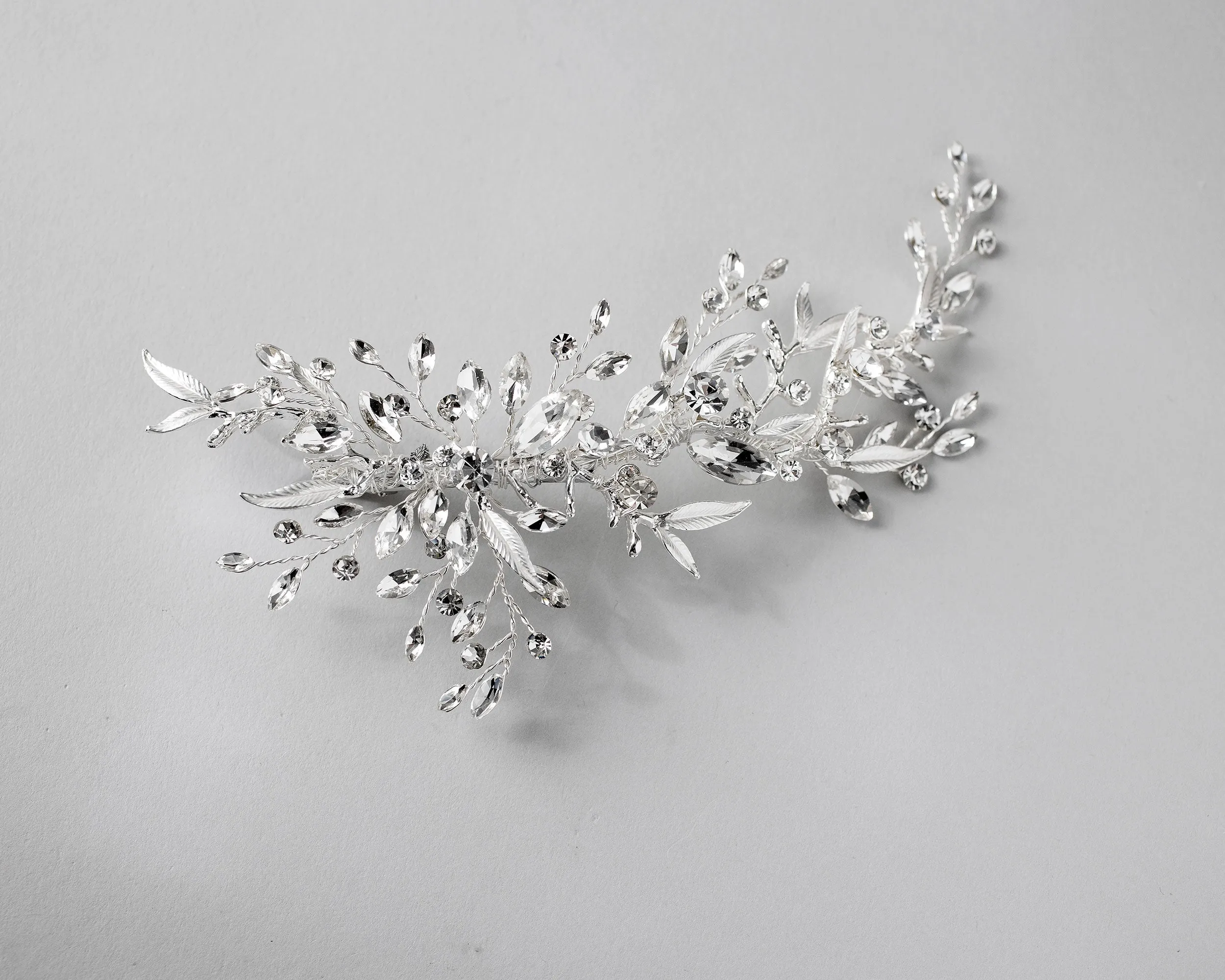 Bridal Hair Clip of Silver Narrow Leaves and Crystals