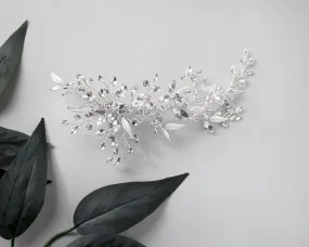 Bridal Hair Clip of Silver Narrow Leaves and Crystals