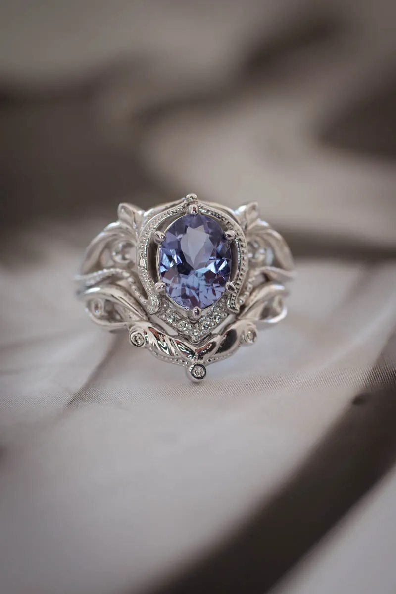 Bridal ring set with lavender tanzanite & diamonds / Lida oval