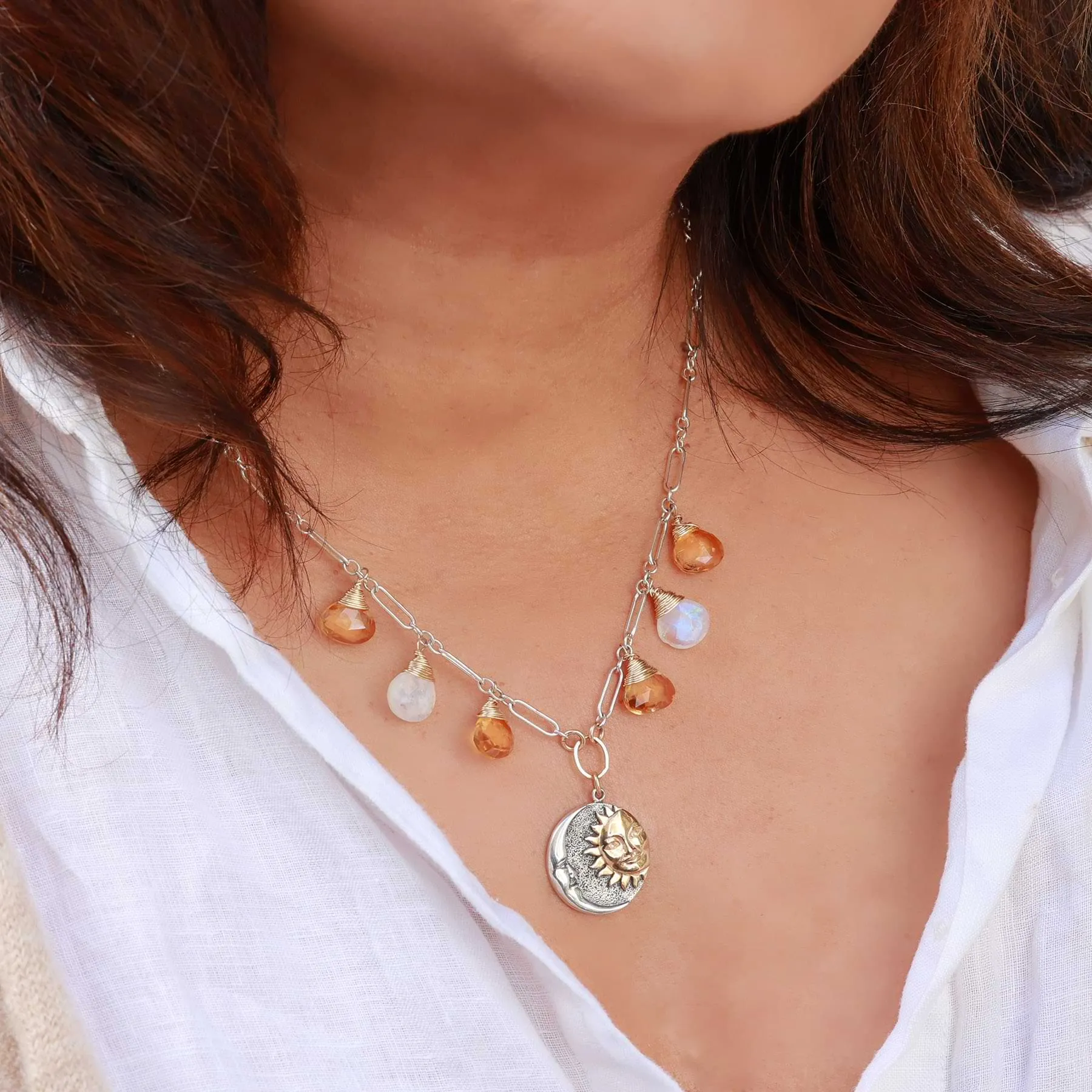 Celestial Affair - Citrine and Moonstone Silver Celestial Pendant Necklace