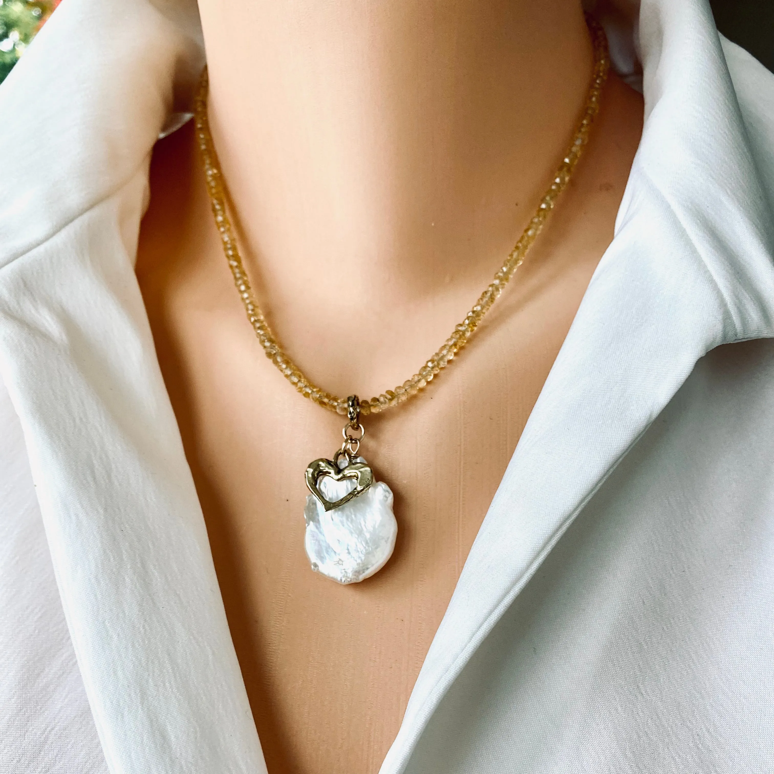 Citrine Beads Chain Necklace w Large Baroque Pearl Pendant, November Birthstone