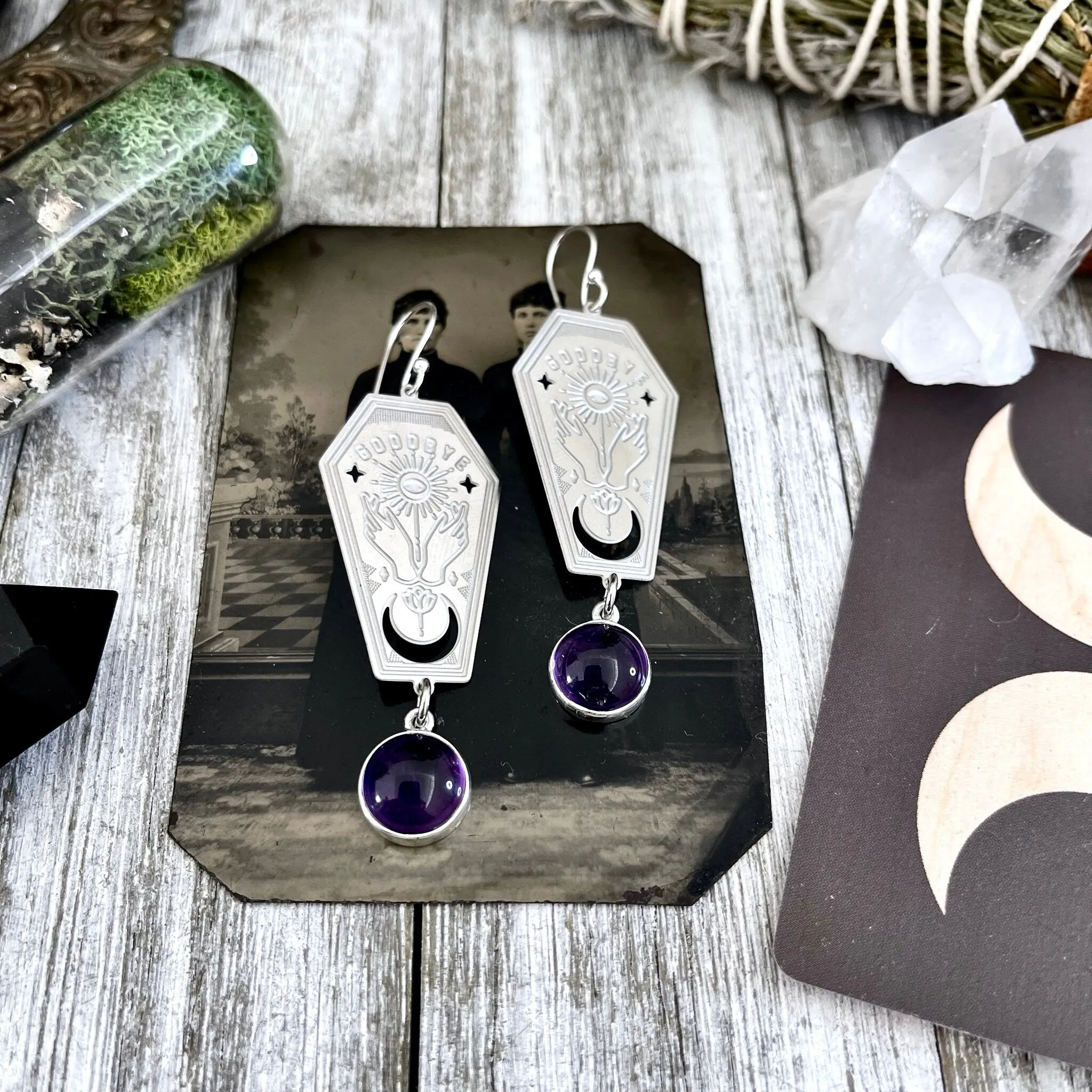 Coffin Planchette Amethyst Earrings Sterling Silver & Stainless Steel Earrings /