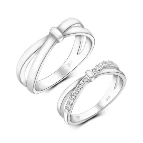 CZ Enchanted Bow Silver Couple Promise Rings Set