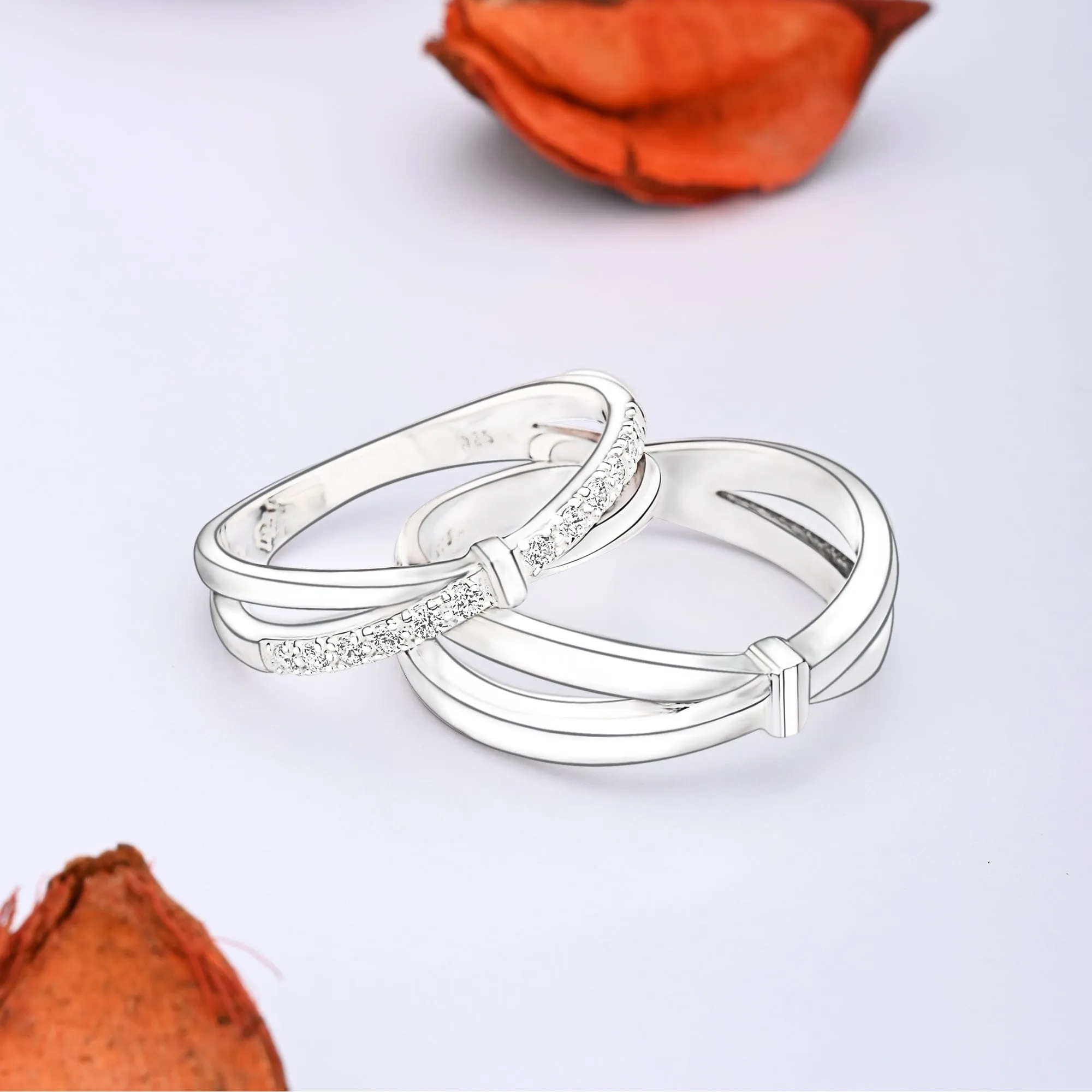 CZ Enchanted Bow Silver Couple Promise Rings Set