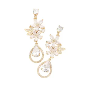 CZ Flower Leaf Teardrop Link Dangle Evening Earrings