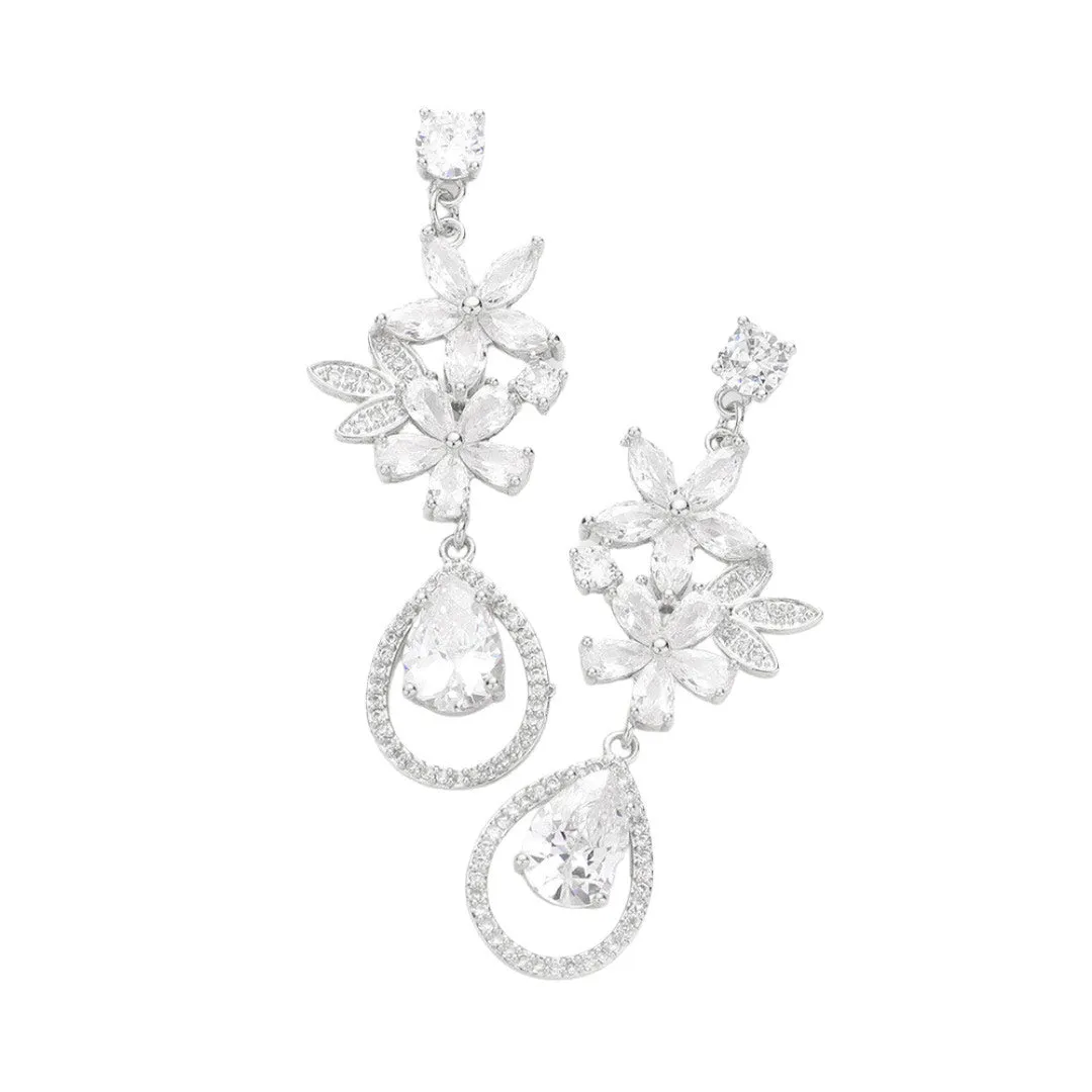 CZ Flower Leaf Teardrop Link Dangle Evening Earrings