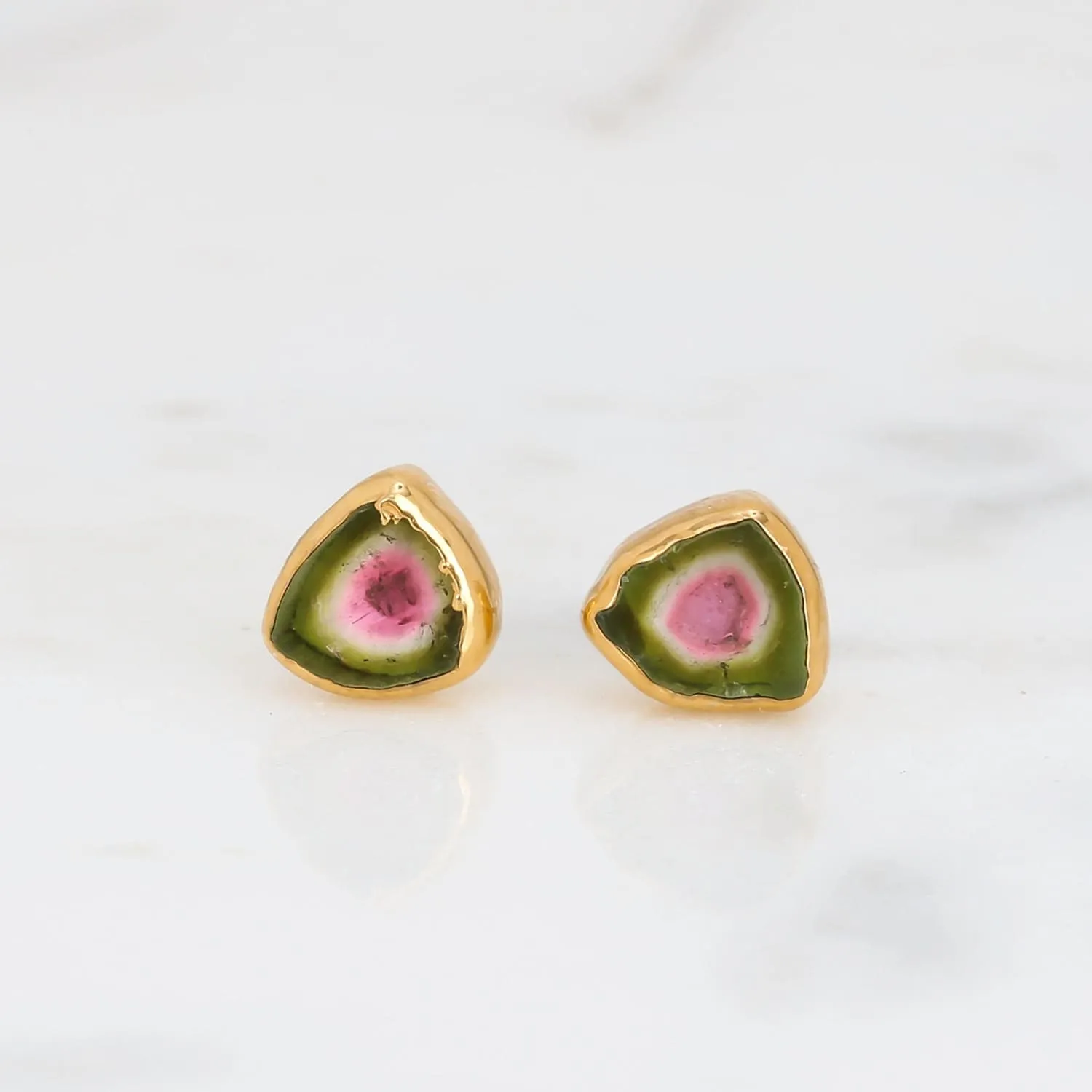 Dainty Raw Watermelon Tourmaline Stud Earrings